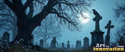 A raven sits on a stone cross in a graveyard in the mist under a bright night moon