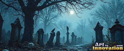 Perched on tombstones, black ravens overlook a misty graveyard at night