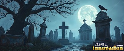 A black raven sits on a stone tomb under a round moon in a misty graveyard