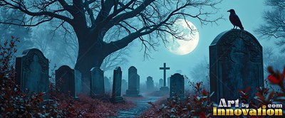 In a misty graveyard, a black raven perches on a headstone under the night moon