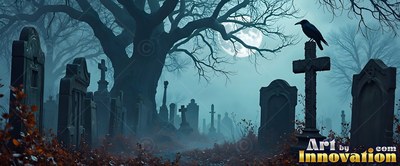 Perching on a stone cross, a black raven looks across a hazy graveyard under the full moon
