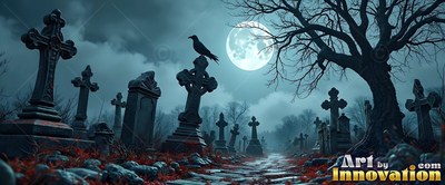 A crow perched on a cross headstone in a moonlit graveyard