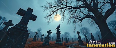 A black raven rests on a stone cross in a foggy graveyard under a bright round moon