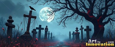 A black crow perches on a tall stone cross in a hazy graveyard under a bright moon