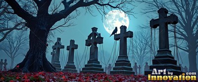 Perched on a cross headstone, a black crow sits in a blue moonlit graveyard