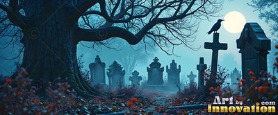 A black crow sits on a cross headstone in a foggy blue graveyard under a full moon