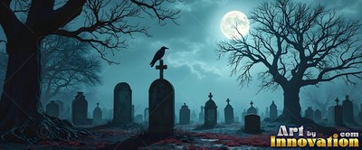 In a misty cemetery under a full moon, a black raven perches on a cross gravestone