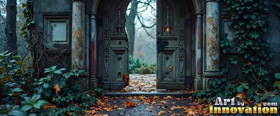 Standing open into a misty garden, stone doors lead past scattered fall leaves