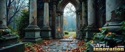 A stone archway with weathered pillars opening to a foggy park