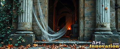 Tattered white cobwebs hang across stone columns at the dark entrance of a tomb