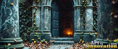 A stone crypt stands open beside marble pillars with an orange fire inside