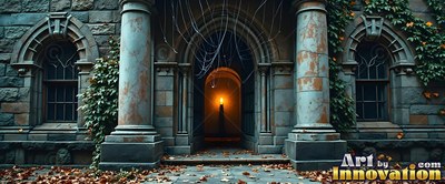 Straight-on view of a stone entrance with cobwebs and a single torch inside