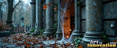 Candles burn inside a stone crypt doorway covered in thick cobwebs
