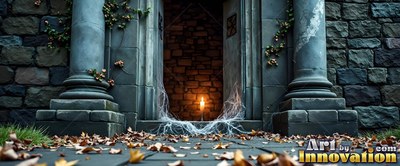 In a stone doorway covered in cobwebs, a single lit candle stands on the floor