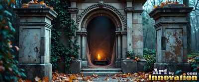 Standing among fallen leaves, an arched stone crypt holds a single lit candle