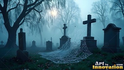 Tombstones and a spiderweb in a foggy blue graveyard