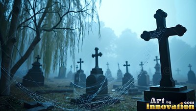 Dewy cobwebs stretched across dark cross tombstones beside a weeping willow in blue fog