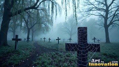 A stone cross covered in a spiderweb stands in a foggy cemetery in cold blue light