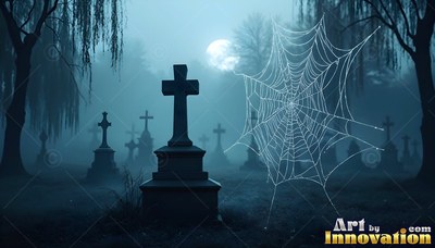 Standing upright in a foggy blue graveyard, a stone cross beside a spiderweb