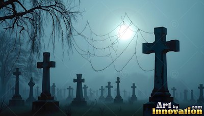 Cross headstones stand in blue fog under a round moon with hanging cobwebs