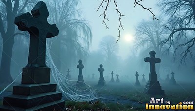 In a misty graveyard, stone cross headstones stand draped in cobwebs under moonlight