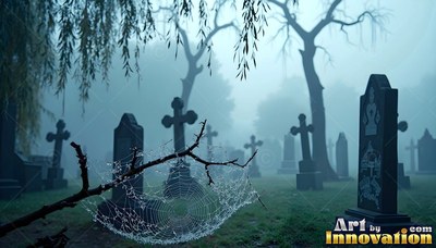 Stretching across a dark branch, a wet spiderweb hangs in a graveyard in the mist