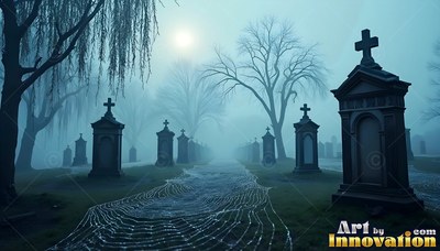 Tombstones along a path covered in spider webs under blue moonlight