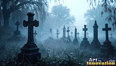 Dew-covered threads form a round spider web stretched beside dark cross headstones in blue fog