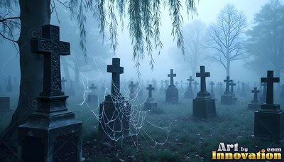 Stone cross headstones sit in thick fog beneath pale blue moonlight