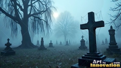 Close up on a cross headstone with spider webs in a blue misty cemetery