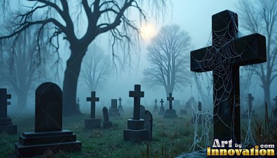 A cross covered in cobwebs stands in a blue misty graveyard under a pale moon