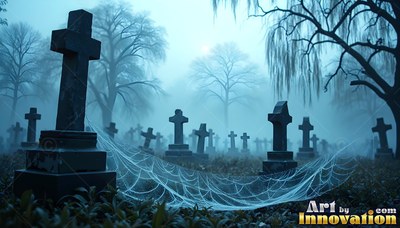 In a foggy blue graveyard, thick spider webs stretch between stone crosses