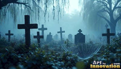 Standing in cold fog, stone crosses fill an overgrown graveyard beside a spiderweb