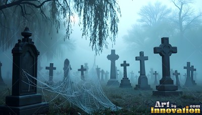 A graveyard in blue fog with cobwebs draped over dark tombstones