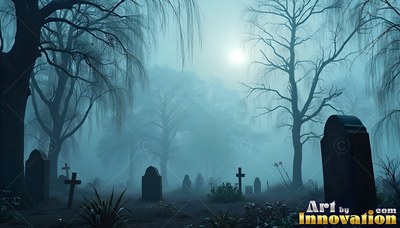 Dark rounded headstones stand across a blue misty graveyard under bare willow trees