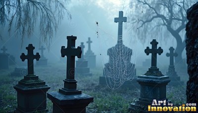 Stone cross headstones stand in deep fog with a spiderweb draped in blue light