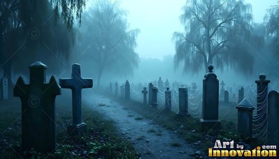 Angled view of a dirt path cutting through a foggy blue cemetery with gravestones