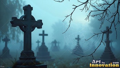 A graveyard in the fog with stone crosses behind a spider web on bare branches