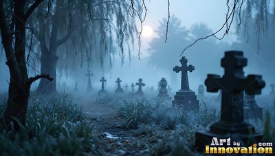 In a foggy graveyard, stone crosses sit in the blue moonlight along a path