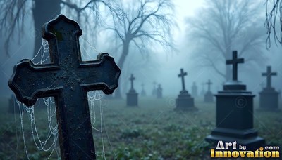Standing in blue morning fog, a dark stone cross headstone is draped in cobwebs