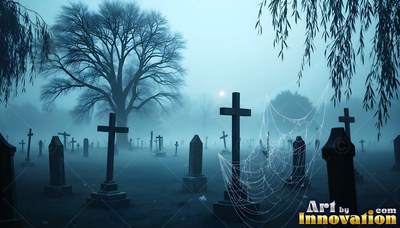 Tombstones and cobwebs in a dark blue graveyard under blue fog