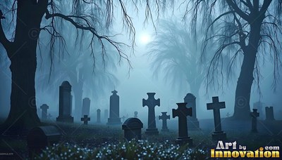 Dark cross headstones stand across a hazy graveyard beneath bare trees in pale blue moonlight