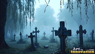Cross tombstones stand in thick fog under willow branches in pale blue light