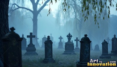 Standing upright in a foggy blue graveyard with dark tombstones