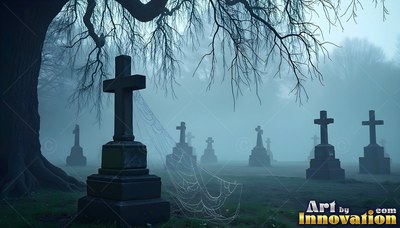 Cross headstones stand under bare tree branches in blue fog