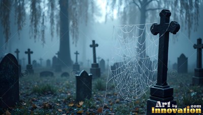 In a hazy graveyard, a large spiderweb hangs from a dark stone cross tombstone