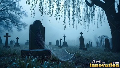 Stretching across dark grass, a spiderweb clings to tombstones in blue fog