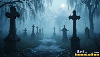 Cross tombstones along a path in blue fog under the moon