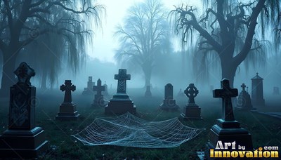 A thick spiderweb stretches across the dark grass of a blue, graveyard in the fog