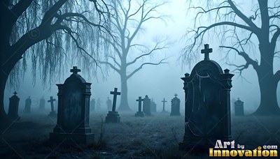 Headstones stand in thick fog under bare trees in pale blue moonlight